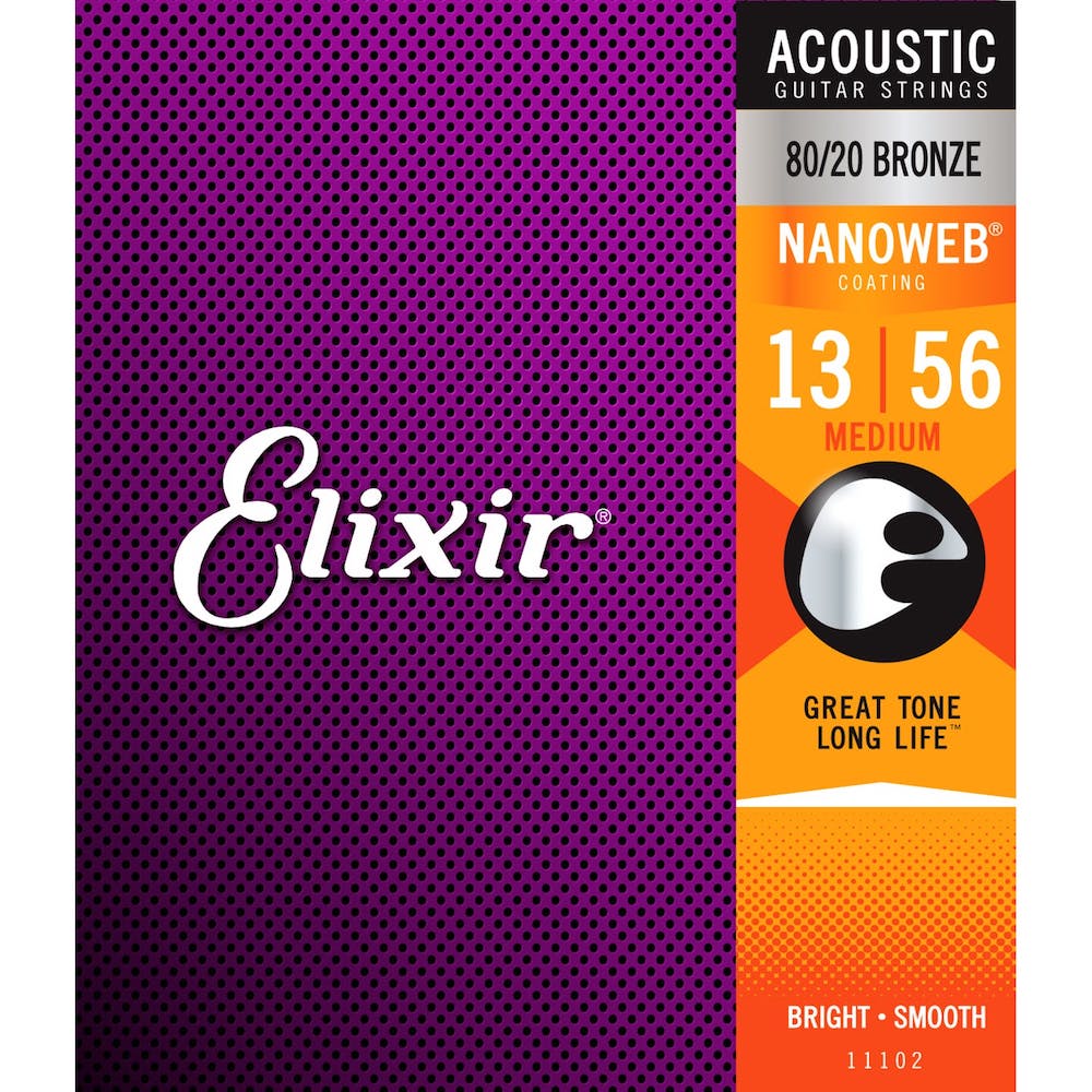 Elixir 11102 80/20 Bronze Nanoweb Acoustic Guitar Strings 13-56 Medium